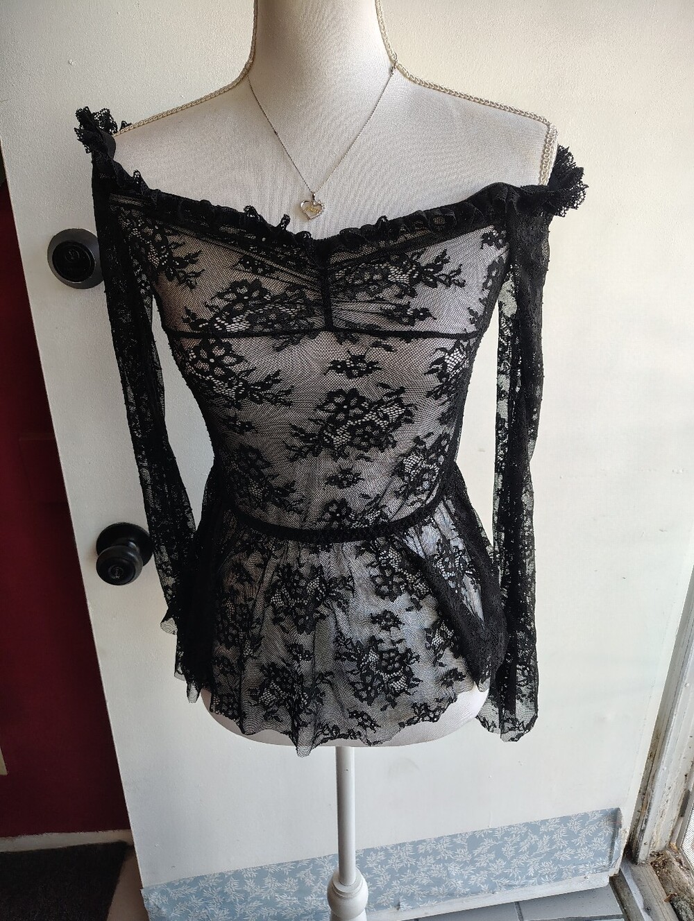 Sheer Black Lace Long-Sleeve Peplum Top Size Medium